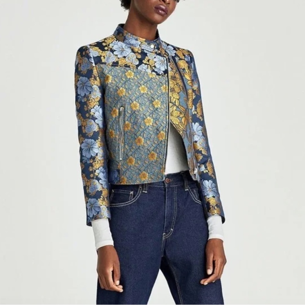 Zara Multicolor Patchwork Structured Floral Moto Jacket